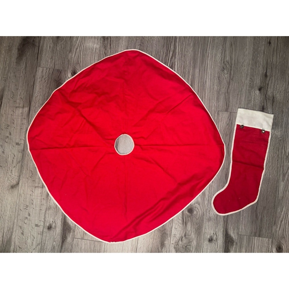 Vintage Christmas Red And White Felt / Flannel Tree Skirt & Stocking 1950's- 60